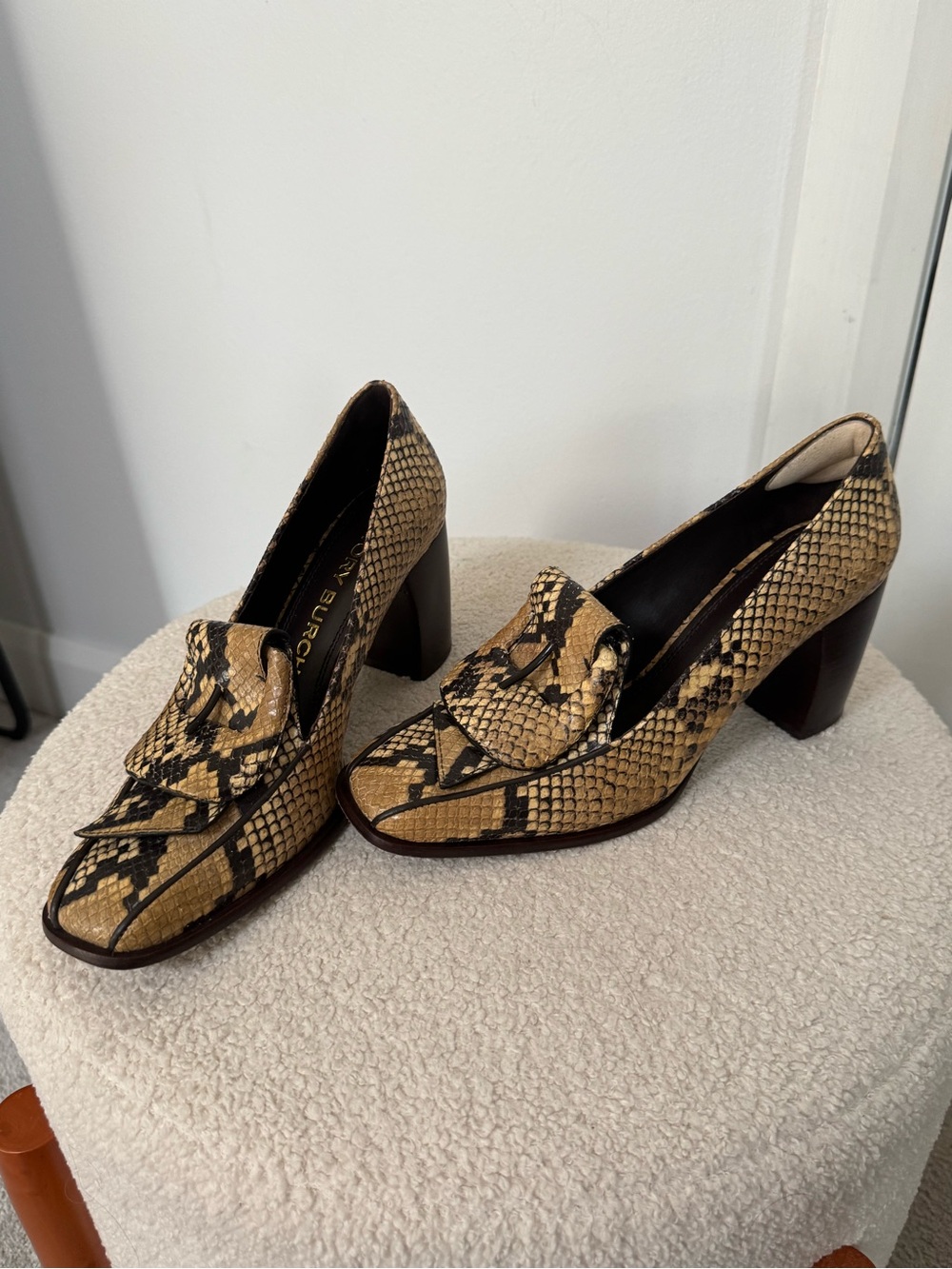 Tory Burch Snake-Print Block Heel Loafers - Beige & Black